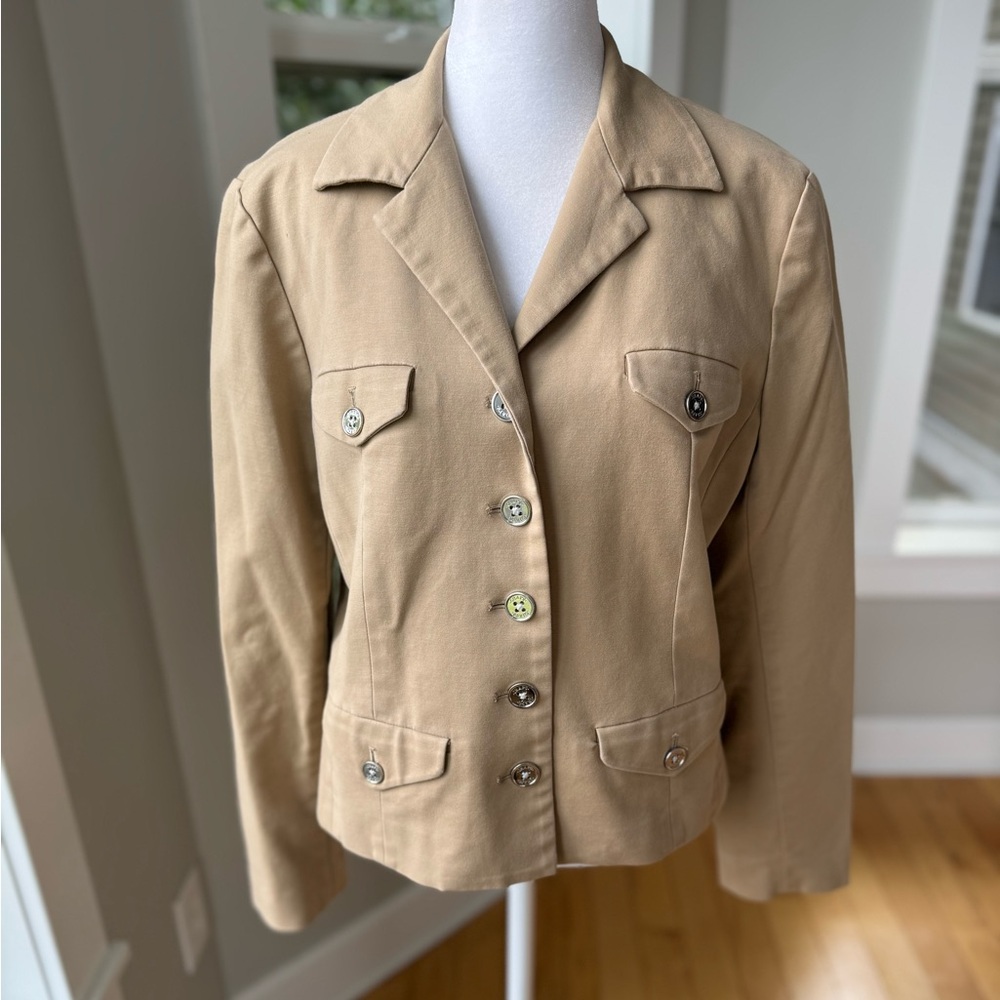 Chaps Camel Tan Khaki Fitted Blazer Cropped Jacket Size Large